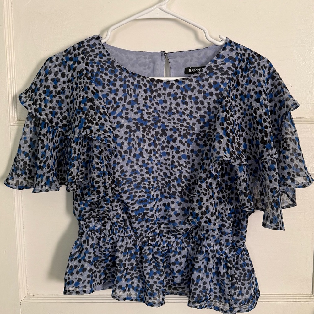 Express Blue & Black Printed Ruffle Blouse